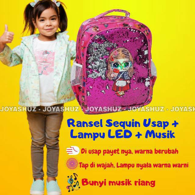 TAS ANAK PEREMPUAN KARAKTER LOL LED Usap Sequin Payet / Tas Usap Berubah Gambar / Tas Bling Bling