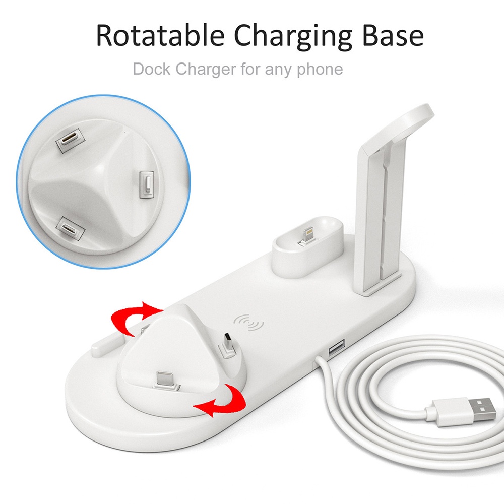 6 in 1 Wireless Charger Dock 15W Fast Charge untuk Apple Watch Airpods Charger/Samsung iPhone Wireless Charging Micro USB Type C Phone Holder
