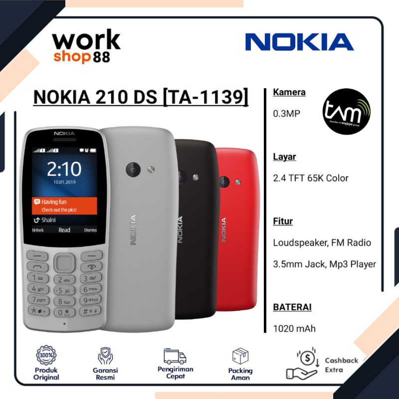 HP Baru Nokia 210 Dual Sim TA-1139 - New TAM Garansi Resmi 1 Tahun - Handphone Smartphone Biasa Jadu