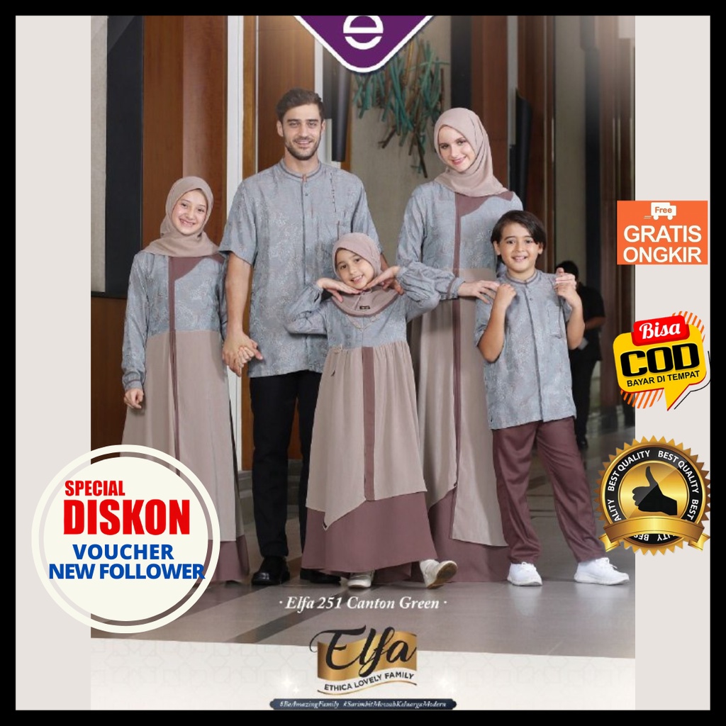 Baju Muslim Sarimbit Couple Keluarga Gamis ETHICA ELFA 251 Canton Green Warna Coklat Polos Biru Abu-abu Kagumi 248 Kahfi 223 Original Promo
