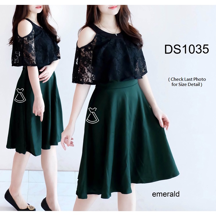 DS1035 - DRESS PESTA BRUKAT LACE SCUBA DRESS FLARE WANITA IMPORT MURAH NATAL