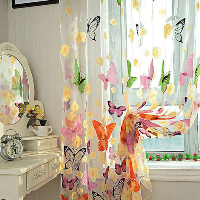 Tirai Jendela Pemisah Ruangan Kain Pual Tipis Transparan Kupu Kupu