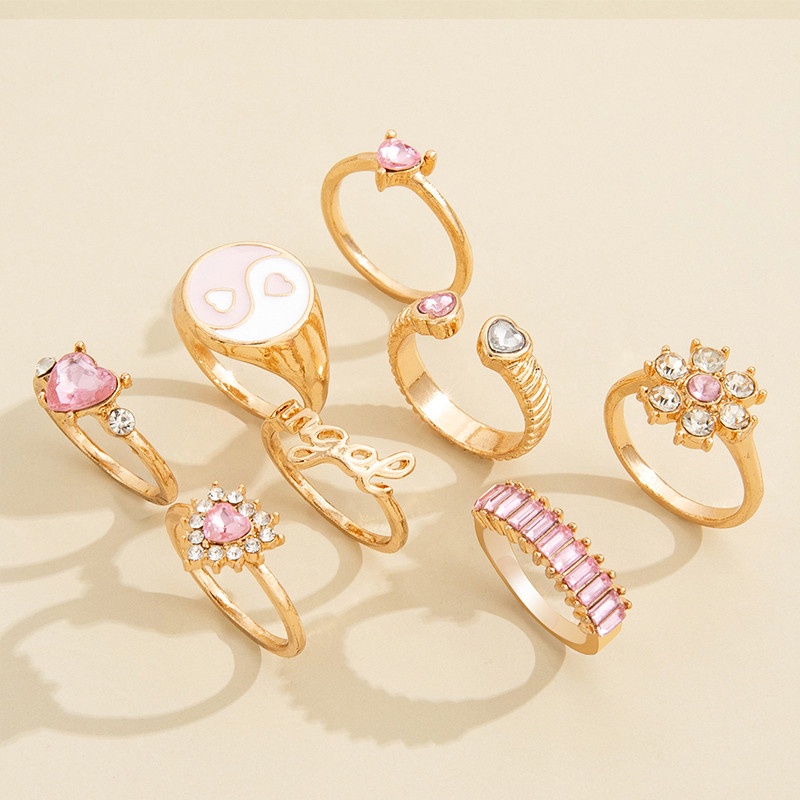 8pcs / Set Cincin Desain Bunga Tulisan Love Aksen Berlian Penuh Warna Pink Untuk Wanita