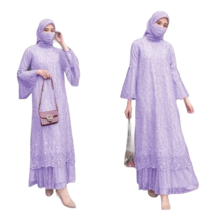 Gamis Brukat Warna Lilac Lavender Ungu Seragam Wanita Muslim kekinian Pengajian Size L XL Cantik Bru