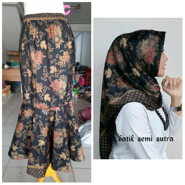 SB Collection Stelan Rok Maxi Mita Duyung Dan Jilbab Segi Empat Hijab Kerudung Batik Wanita