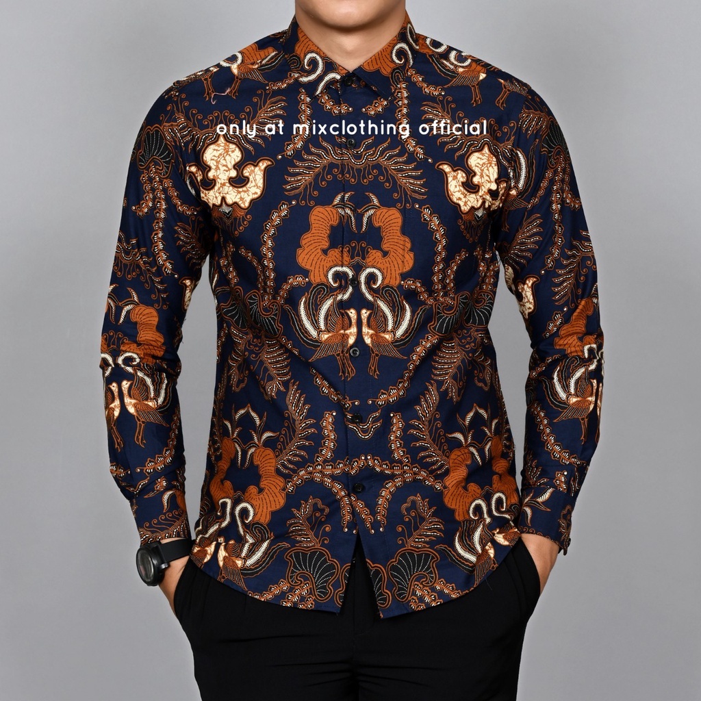 New Premium Baju Kemeja Batik Pria Slimfit Lengan Panjang 1813 Navy