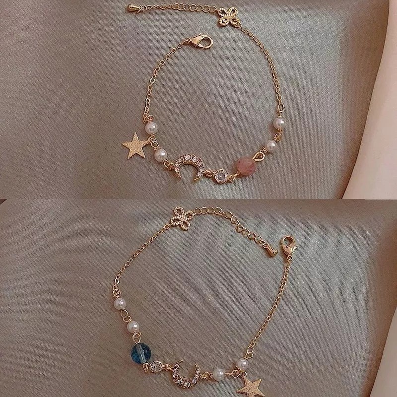 GELANG WANITA HIASAN PEREMPUAN BULAN BINTANG ELEGAN ANTI KARAT STAR MOON CHARM KOREA COUPLE GELANG CEWEK KLASIK SILVER SR03