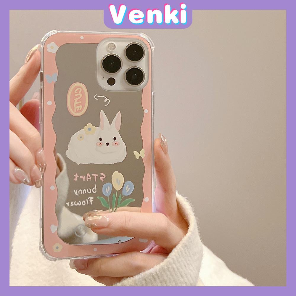 iPhone Case Acrylic Mirror Airbag Shockproof Protection Camera Cute Pink Rabbit Flowers Compatible For iPhone 11 iPhone 13 Pro Max iPhone 12 Pro Max iPhone 7 Plus iPhone x xr xs