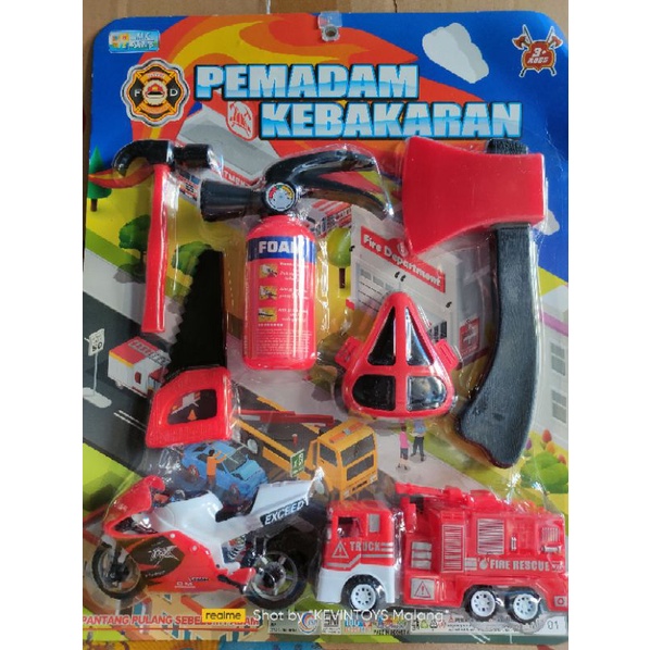 MP 01 MAINAN ANAK EDUKASI PEMADAM KEBAKARAN KOMPLIT PLUS MOBIL DAN MOTOR / MAINAN ALAT DAMKAR