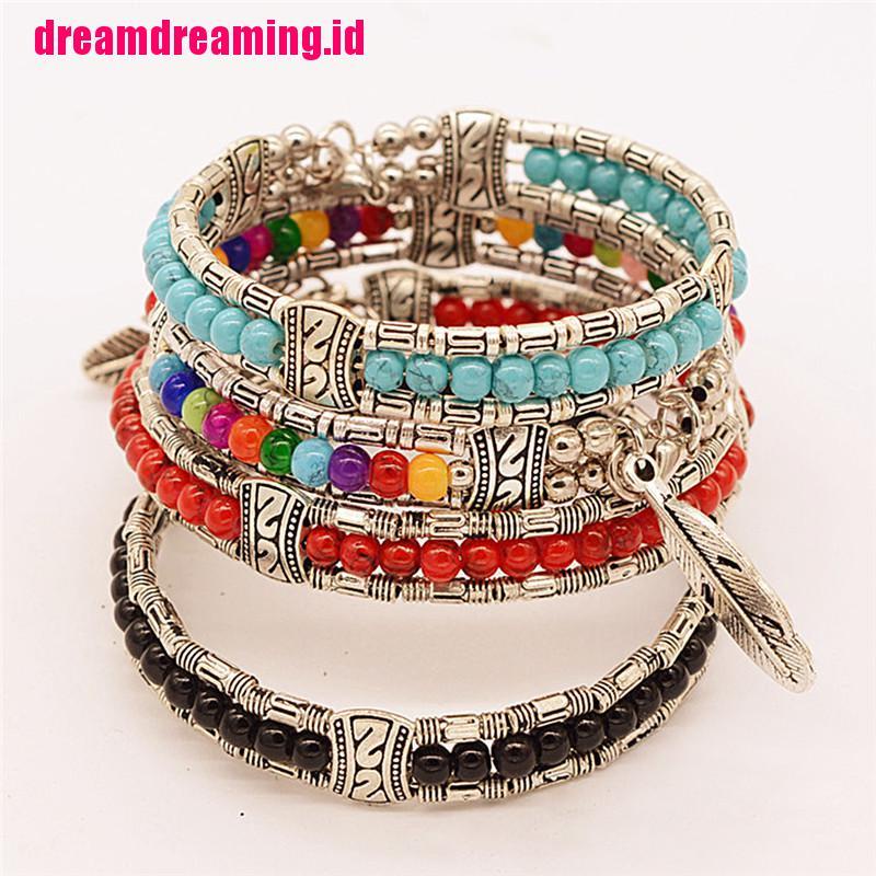 Gelang Bangle Silver Tibet Vintage Bohemia Desain Bulu Hias Turquoise Untuk Wanita