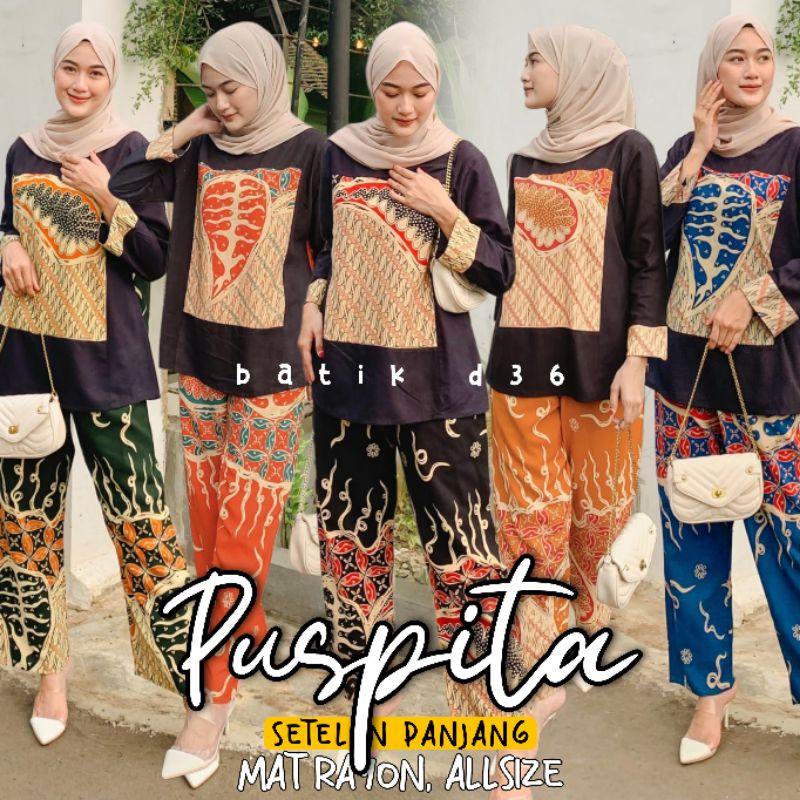 One set wanita kekinian rayon murah kulot blus Abstrak JS halus setelan celana motif corak batik paj