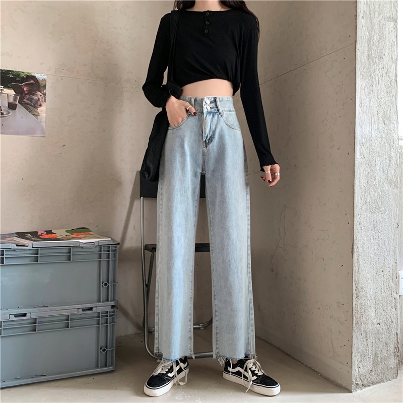 Celana Jeans Retro Wanita Korea Kaki Lurus Longgar Kaki Lebar Pinggang Tinggi