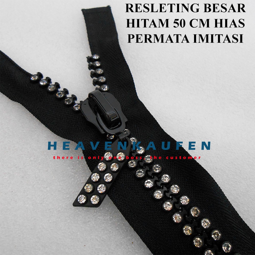 Resleting Zipper Hitam Besar Panjang 50 cm Hias Permata Imitasi