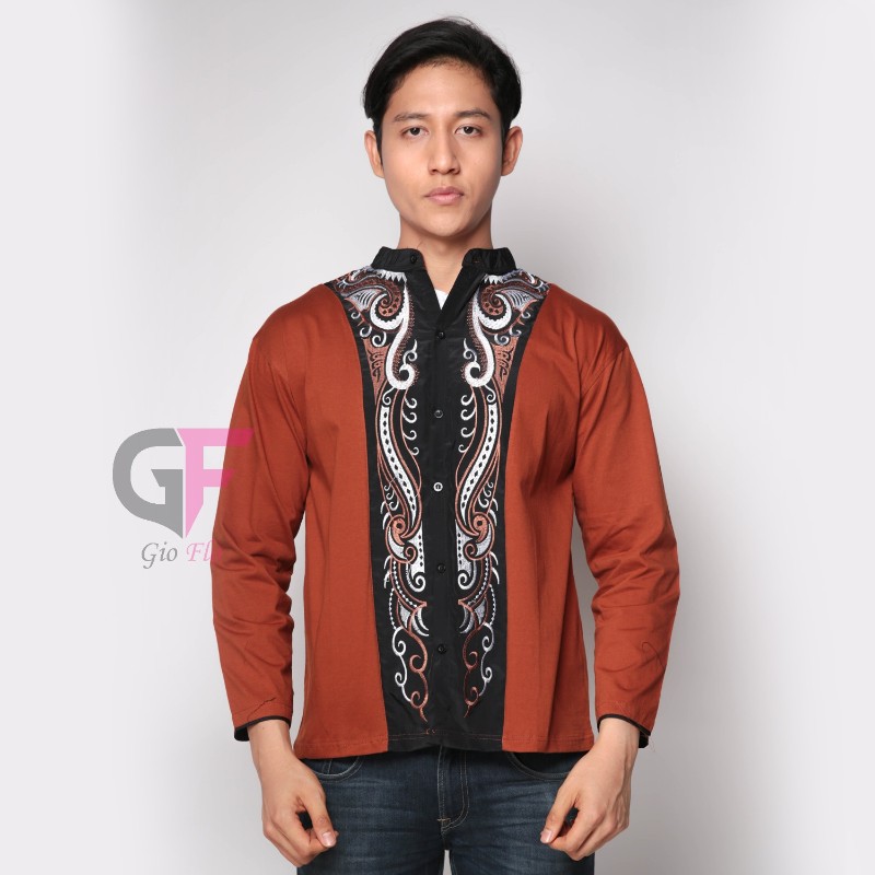 GIOFLO Pakaian Muslim Pria Baju Koko Lengan Panjang Katun Coklat Muda / KKL 18