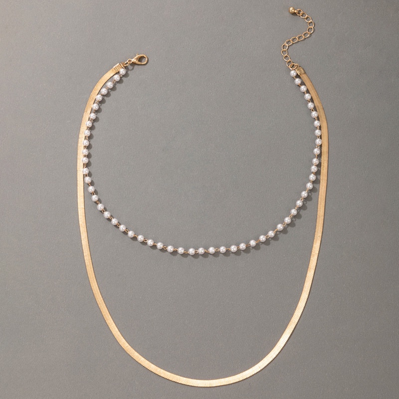 Set Kalung Rantai Tulang Ular Manik-Manik Mutiara Geometris Multilayer