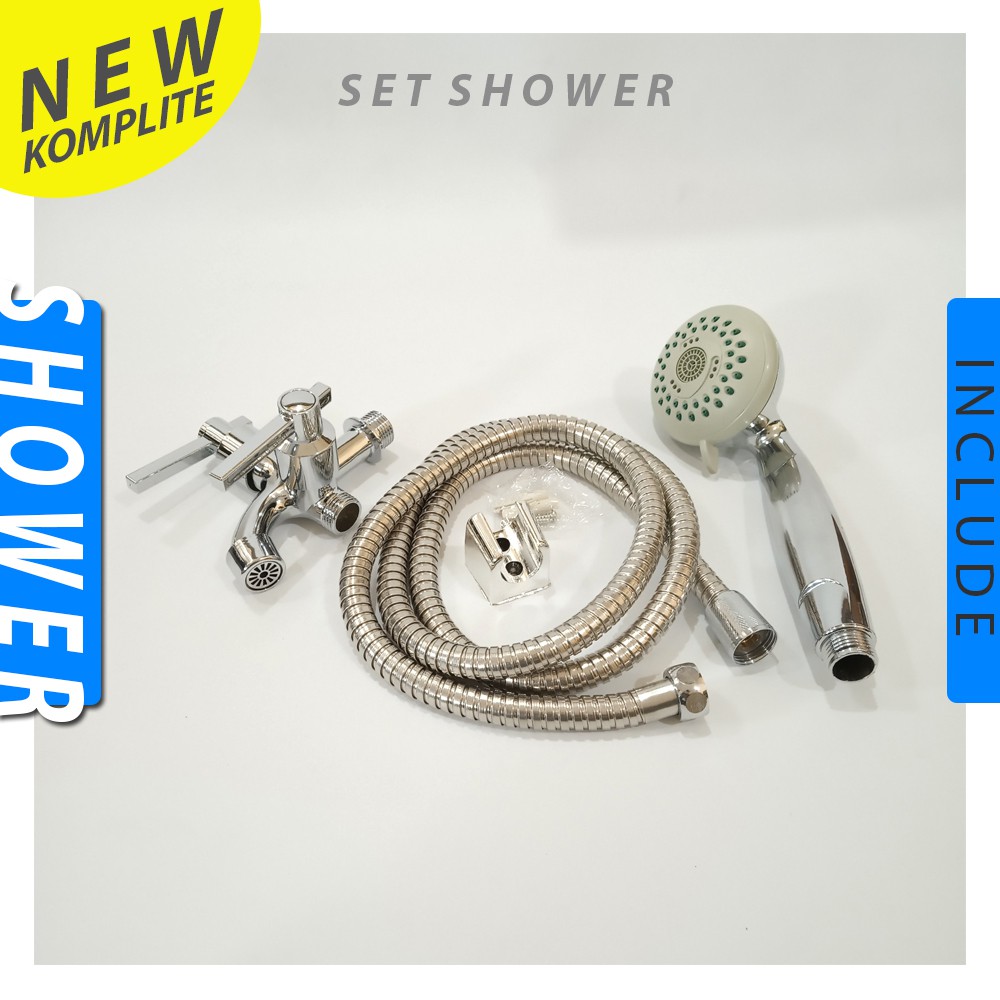 Paket Shower 1 Set Shower + Kran Cabang 1/2inch + Selang 150cm + Hanger Shower