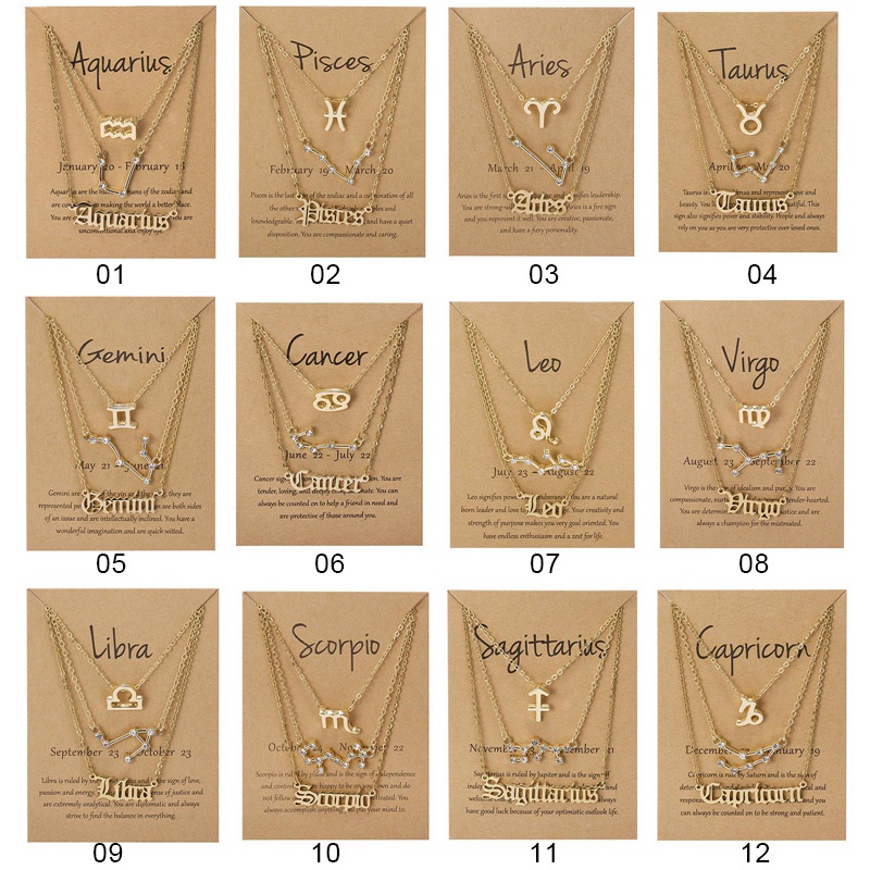 3pcs / Set Kalung Liontin 12 Zodiak Bintang Bahan Kardus Warna Emas / Silver