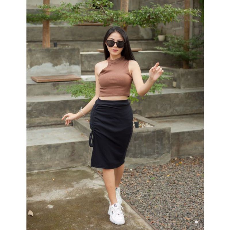 Midi Skirt Slit Rok Pencil Tali Serut Casual