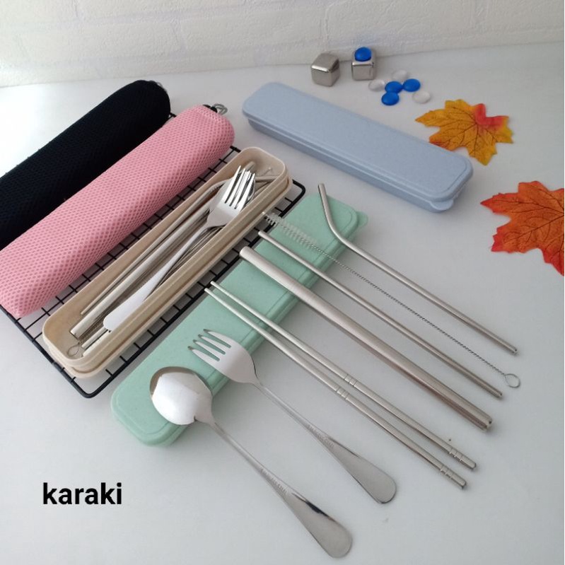 Sendok Makan Stainless Set Sedotan Stainless Sendok Garpu Sumpit Boks Lengkap