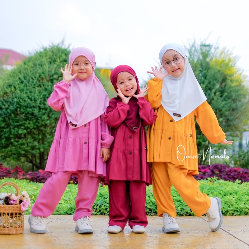 One set Anak NIRMALA- Setelan celana anak perempuan rayon polos 1 2 3 4 5 6 7 8 9 10 tahun Paud SD murah premium by listiaforkids