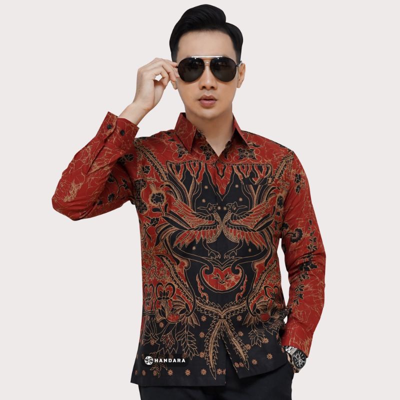 MERAH BAYAN Kemeja Batik Pria Lengan Panjang Bahan Katun Halus Lapis Furing