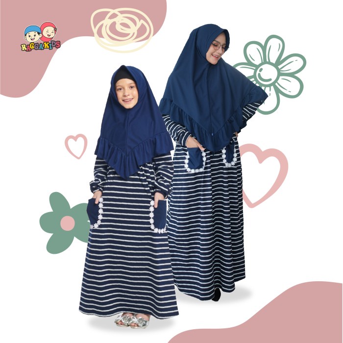 Set-Family-Muslim-Busana- Rg 28 Couple Baju Muslim Gamis Ibu Anak Raggakids Navy Stripe - Jilbab