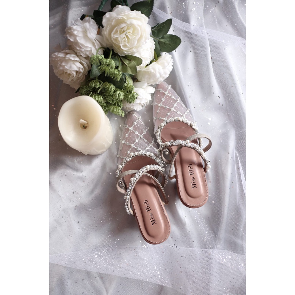 Sepatu sandal selop wedges heels pesta pengantin wedding wanita brukat payet pearl putih silver
