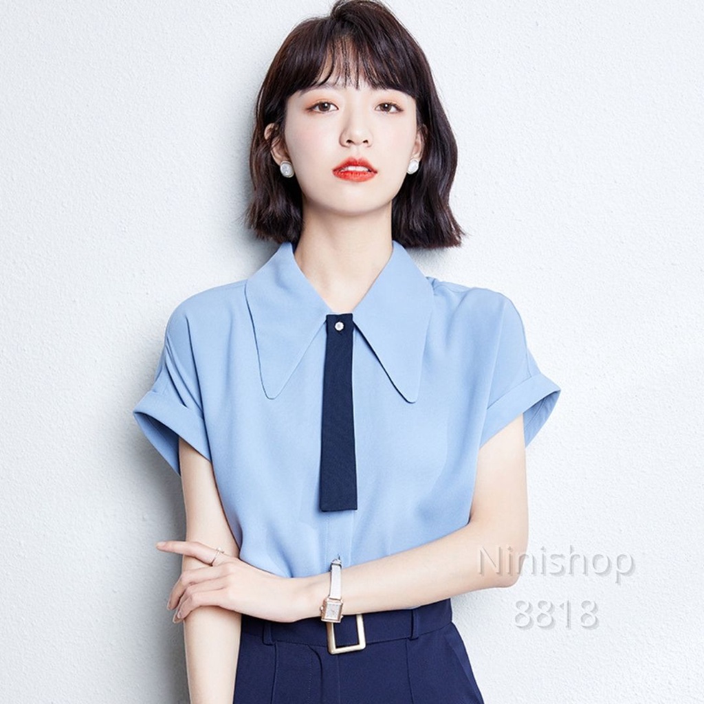 Baju Wanita Atasan Dasi Korea Style/ Baju Kemeja Blouse Wanita Biru