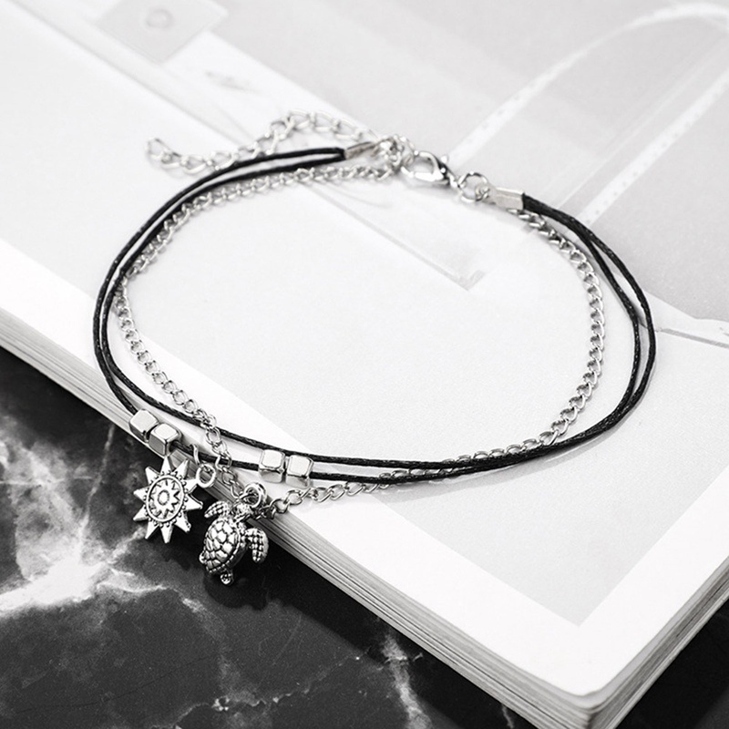 Fancyqube Gelang Kaki Double Layer Hias Manik-Manik Bintang Laut Mahkota Warna Silver Gaya Vintage Untuk Wanita