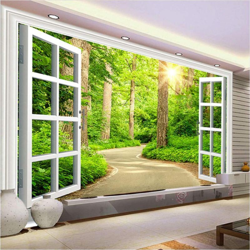Wallpaper Dinding 3D custom Jendela Pemandangan Alam Tampak Nyata - WALLPAPER MOTIF JENDELA TAMAN 3D