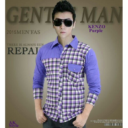 OSCAR FS - KEMEJA PRIA KENIZO -PURPLE Katun Strech Motif Kotak Asli Model Slim Best FAshion