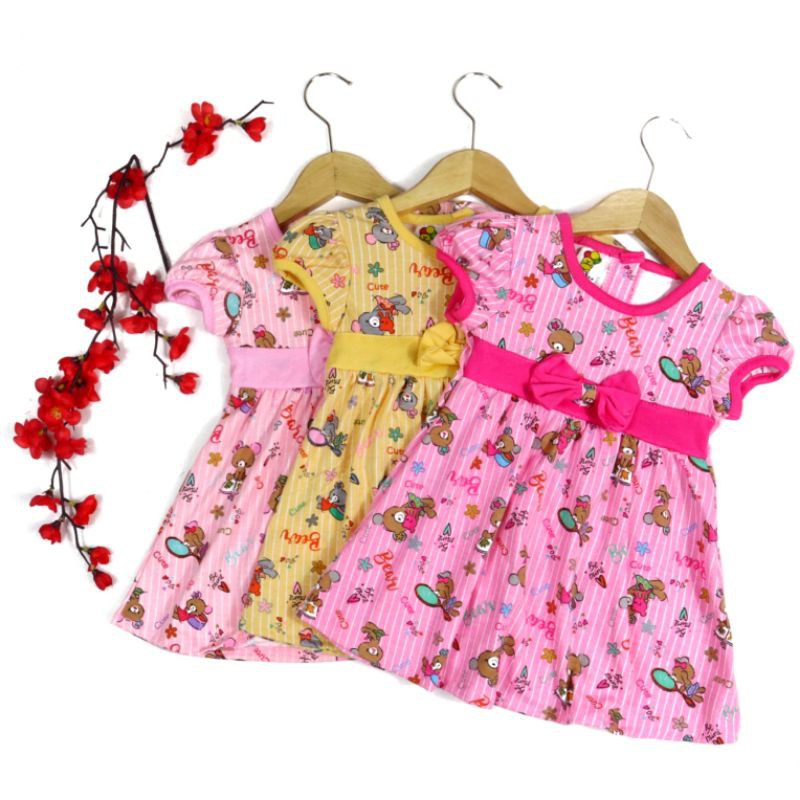 DRESS BABY FASHION ANAK PEREMPUAN SR49 MOTIF BEAR 1-2 TAHUN