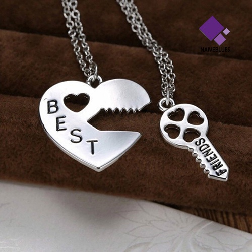 Naiveblue 2Pcs / Set Kalung Rantai Dengan Liontin Hati + Kunci Motif Ukir Tulisan Best Friend Untuk Wanita