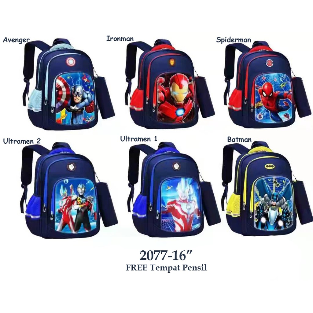 Tas Sekolah SD Ransel Anak Laki-Laki Tas Anak Import 3D Emboss Karakter Superhero Marvel Backpack School for Boys Waterproof 3D Emboss