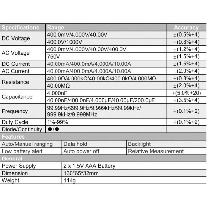 Zoyi ZT100 Digital Multimeter 4000 Counts Back Light AC DC Capacitance