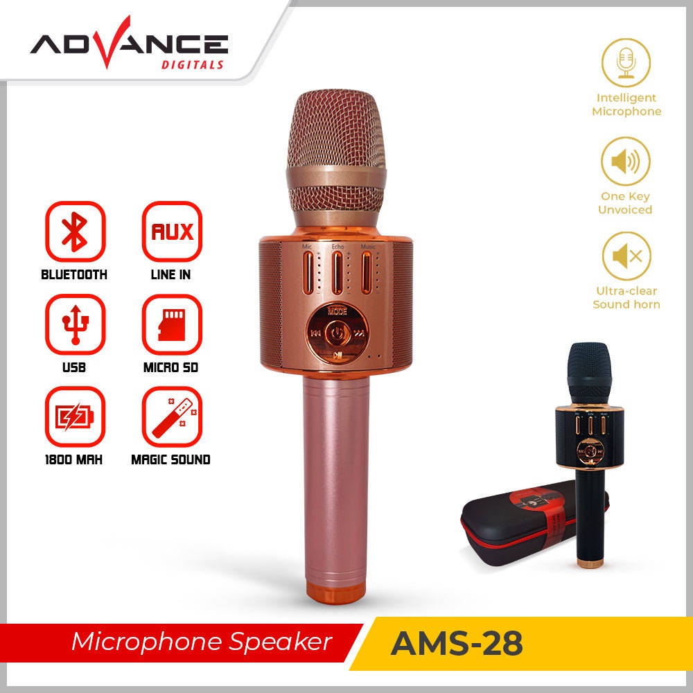 Advance portabel Pembicara Kecil Karaoke AMS-28 Bluetooth 1200mah (USB, TS/SD, AUX, SPEAKER, MIC, MAGIC SOUND)