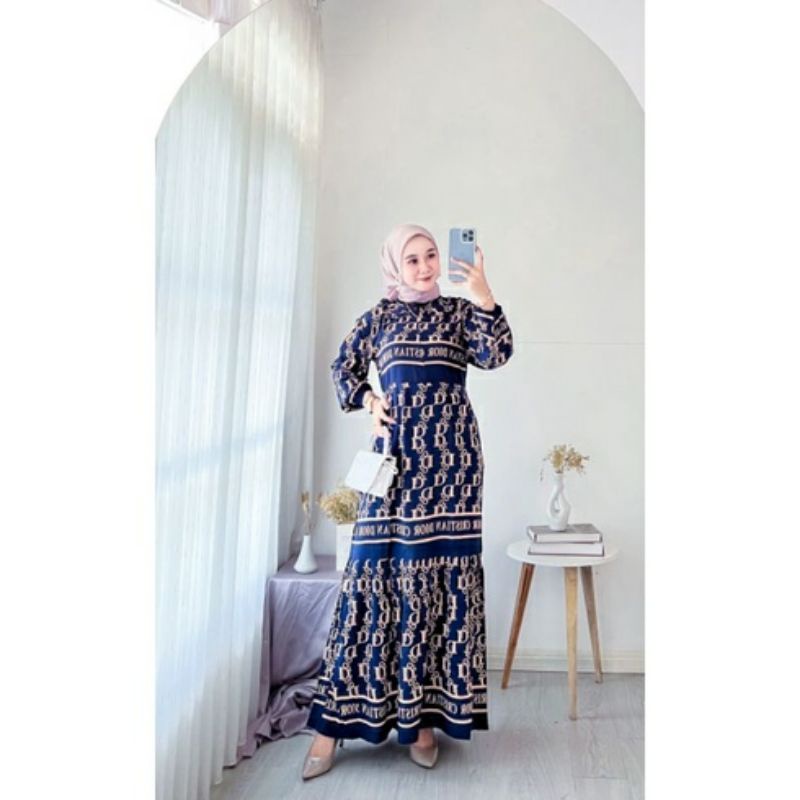 DIOR - Midi Dress Motif Dior Bahan Rayon Premium Terbaru Gamis Andin