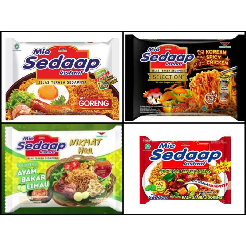 

Mie Sedaap Goreng,Mie Sedaap Sambal Goreng,Mie Sedaap Ayam Bakar Limau,Mie Sedap Korean Spicy Chicken
