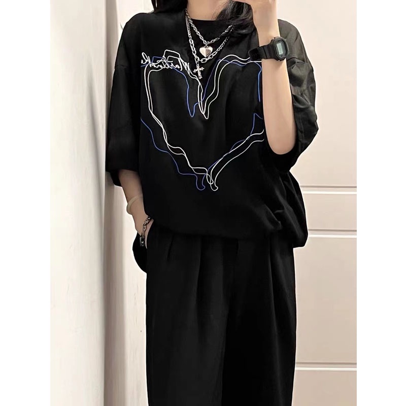 t-shirt baju wanita kaos korean style love atasan oversize lengan pendek