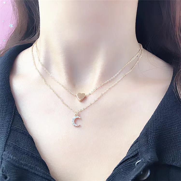 Kalung 2 Bandul Untuk Wanita / Kalung Liontin Love Bulan Sabit Korean Fashion Wanita Import