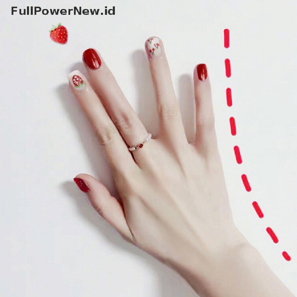 24 Pcs Kuku Palsu Full Cover Motif Strawberry Cherry Untuk Dekorasi Manicure