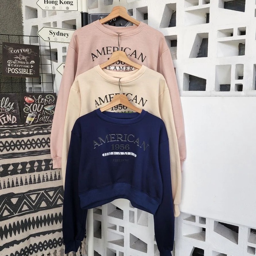 Sweater Semi Crop Wanita American Croope Bahan Pleece Ala korean Style