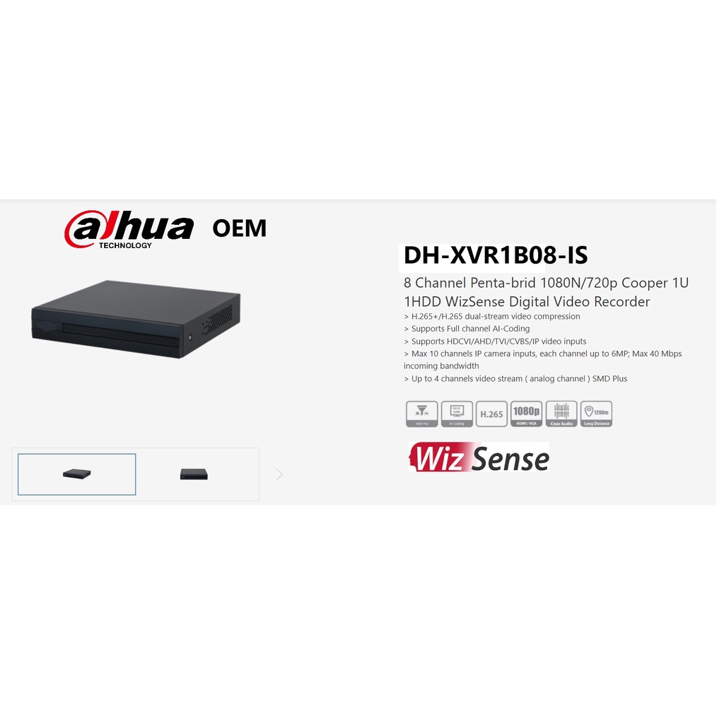 DVR OEM Dahua 8CH 8 Channel 2MP DH-XVR1B08-IS 1080N+HDMI+Kabel LAN  Garansi Resmi Dahua 2 Tahun