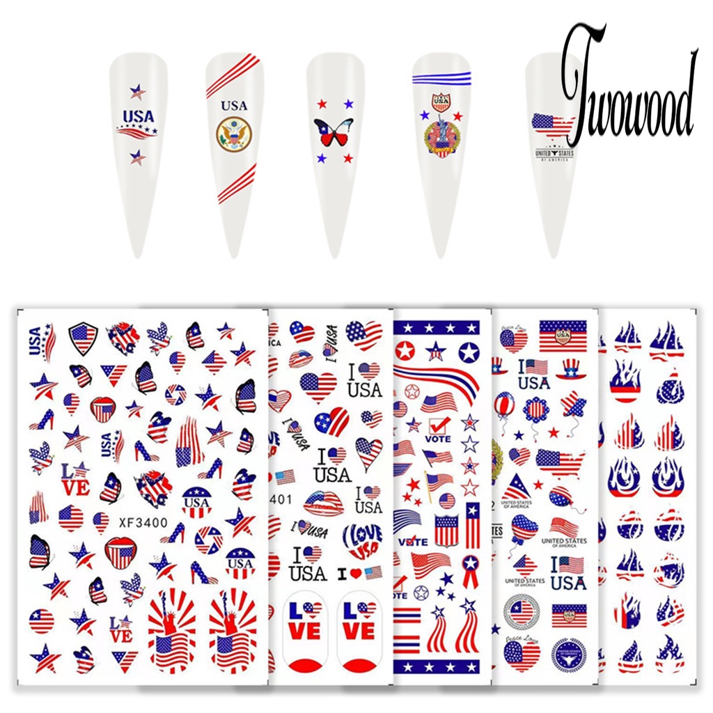 Twowood Stiker Kuku Ultra Tipis Motif Bendera Amerika / National Day Untuk Nail Art