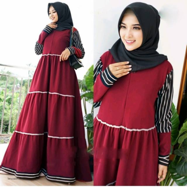 Gamis Maxi Busui Dress Baju Muslim Motif Salur ML