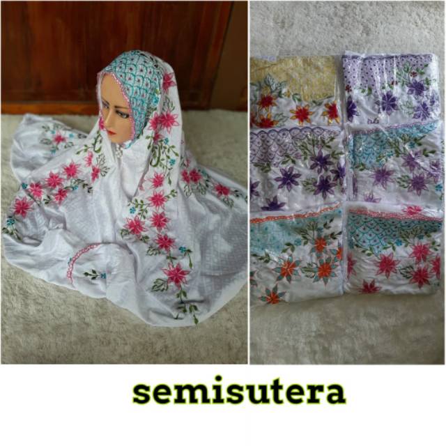 Mukena bordir bahan semi sutra,mukena lajur,mukena terusan