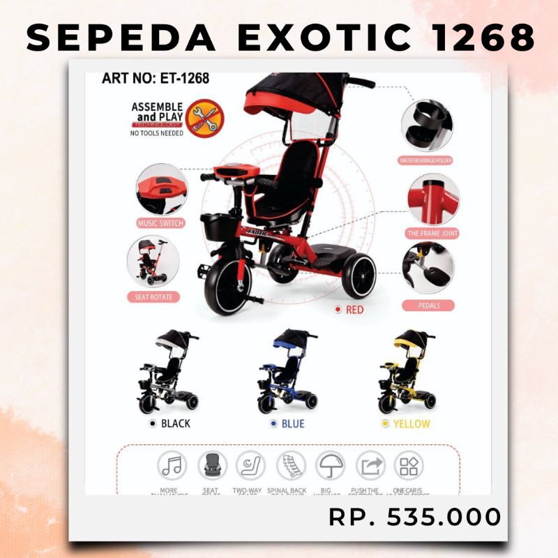 Bisa COD ready sepeda roda tiga Exotic ET-1268/ada musik dudukan bisa diputar