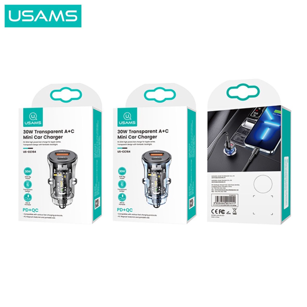 USAMS C32 Mini Car Fast Charger Mobil Transparent A+C 30W