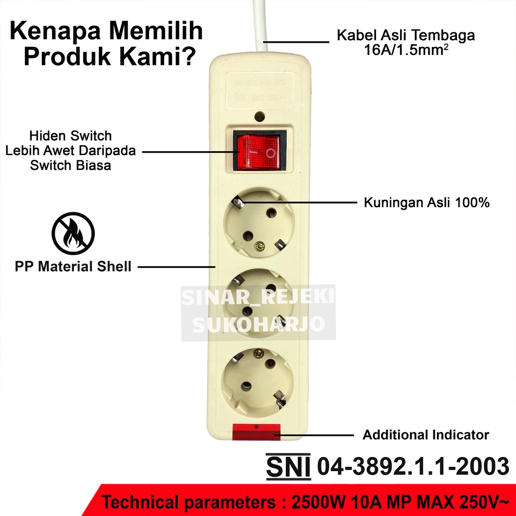 Stop Kontak Arde SNI Colokan Listrik Kuningan 5, 4, 3 Lubang. Stop Kontak Kabel 1,5 - 3 - 5 meter + saklar Tembaga