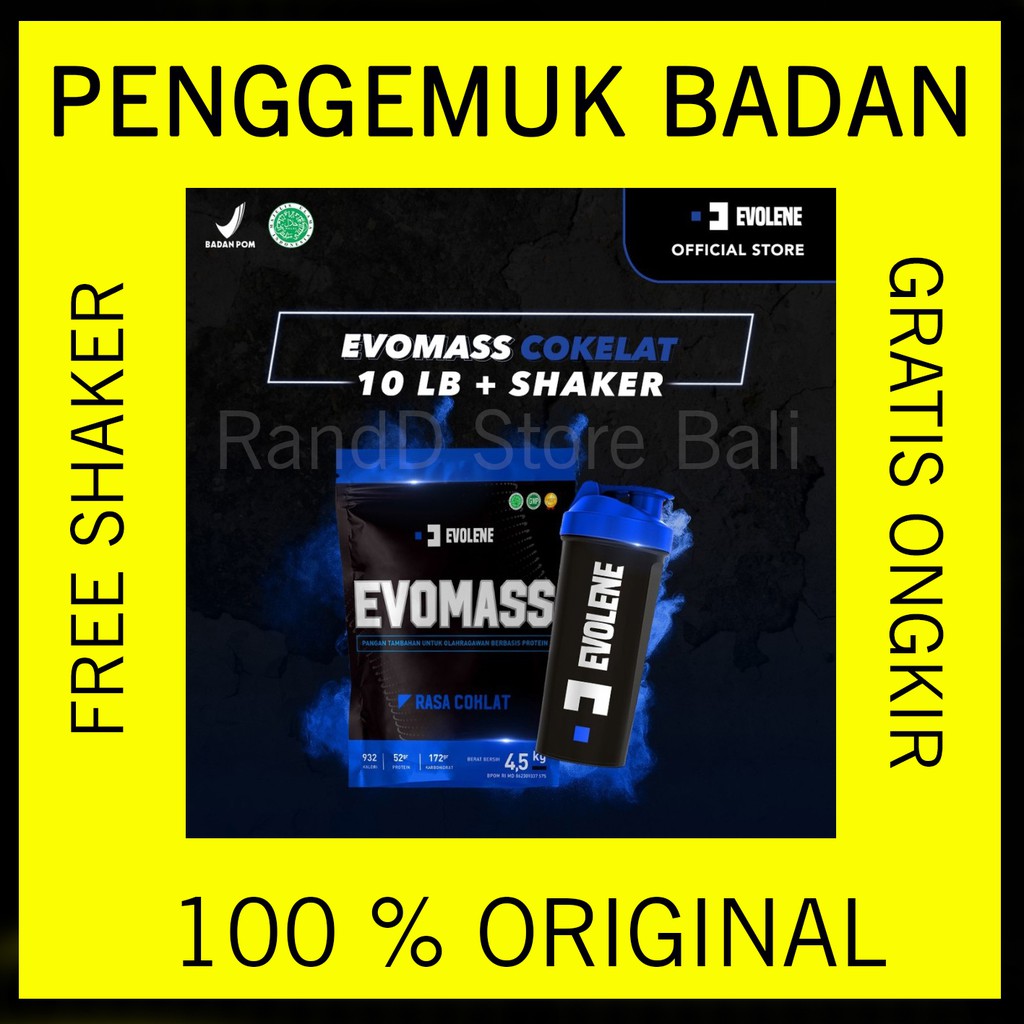 Evolene Evomass Evo mass Suplement Fitness Susu Gainer Penggemuk Badan Original 10lb free Shaker